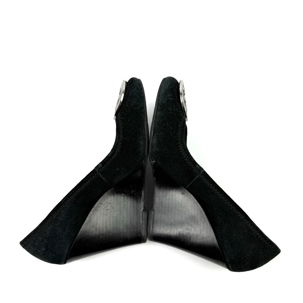 Tory Burch Sophie Wedge 6.5‎ Black Suede Slip On Heels Silver Logo